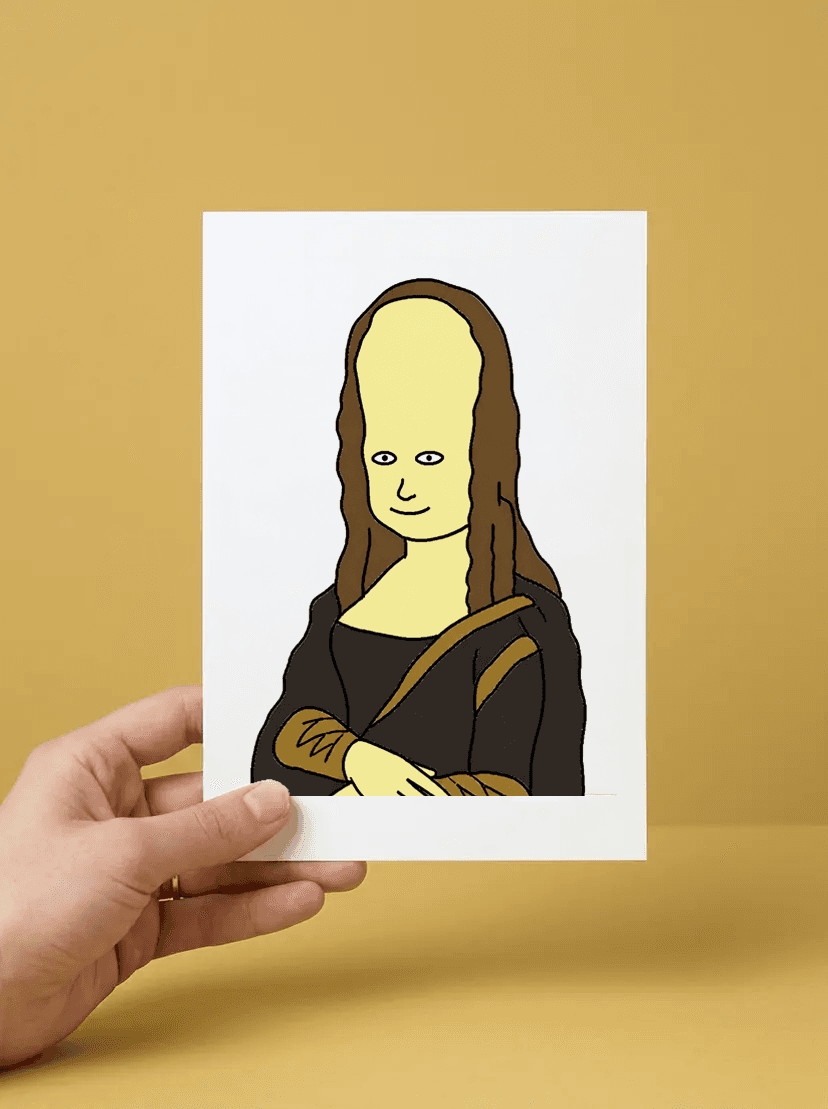 A hand holding a printed WonkyPost greeting card with a terrible oil-painting portrait on it
